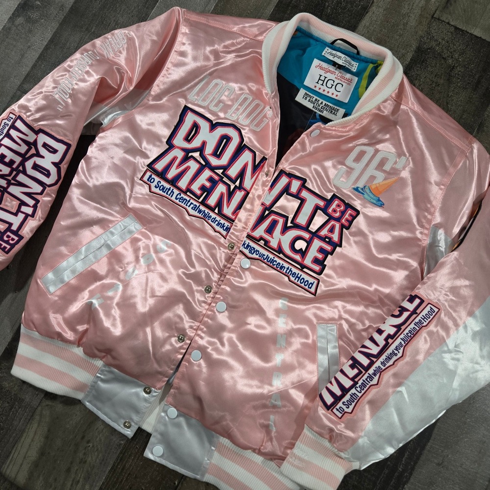 Headgear Classics Don't Be a Menace Loc Dog 96 Satin Varsity Bomber Jacket Pink